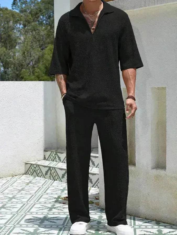 Men's Casual summer 2 piece Pant sets Short sleeved Top and Straight leg pant