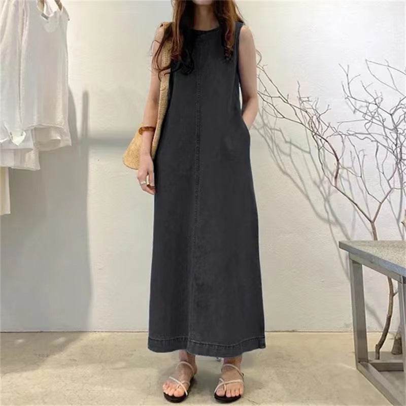 Women's Fashion Sleeveless Mum loose Long Denim Dress