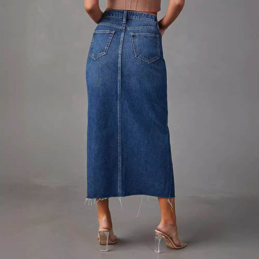 Women's Fashion Slimming front split Midi Denim Skirt