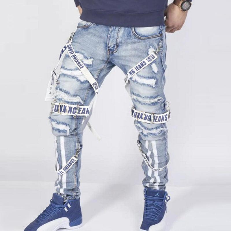 Men's Ripped Patchwork Biker Jeans – Slim Fit Distressed Denim Streetwear Pants