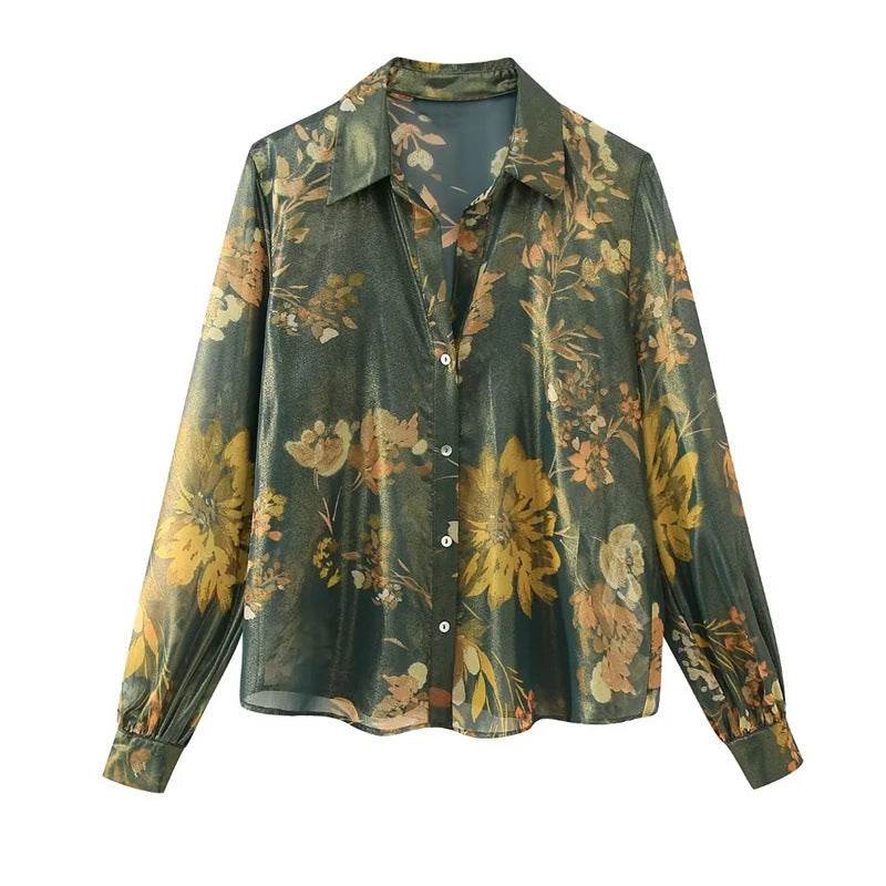 2pcs Floral Satin Skirt suit Long sleeve button shirt and Pleated Midi Skirt Outfit set