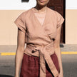 Women's Cotton Linen Lace-Up V-Neck Blouse