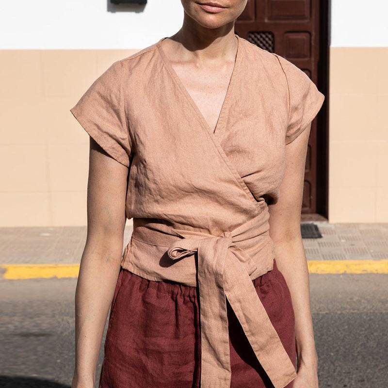 Women's Cotton Linen Lace-Up V-Neck Blouse