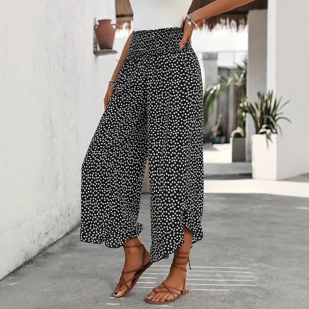 Women's Floral Smocked High Waist Wide Leg Palazzo Pants – Boho Casual Trousers S–XXL