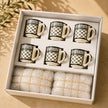 Palestinian Kuffia Coffee Cups Set of 6 – Cylinder Ceramic Cups with Handles & Plates (6×6×7 cm) for Arabic Coffee