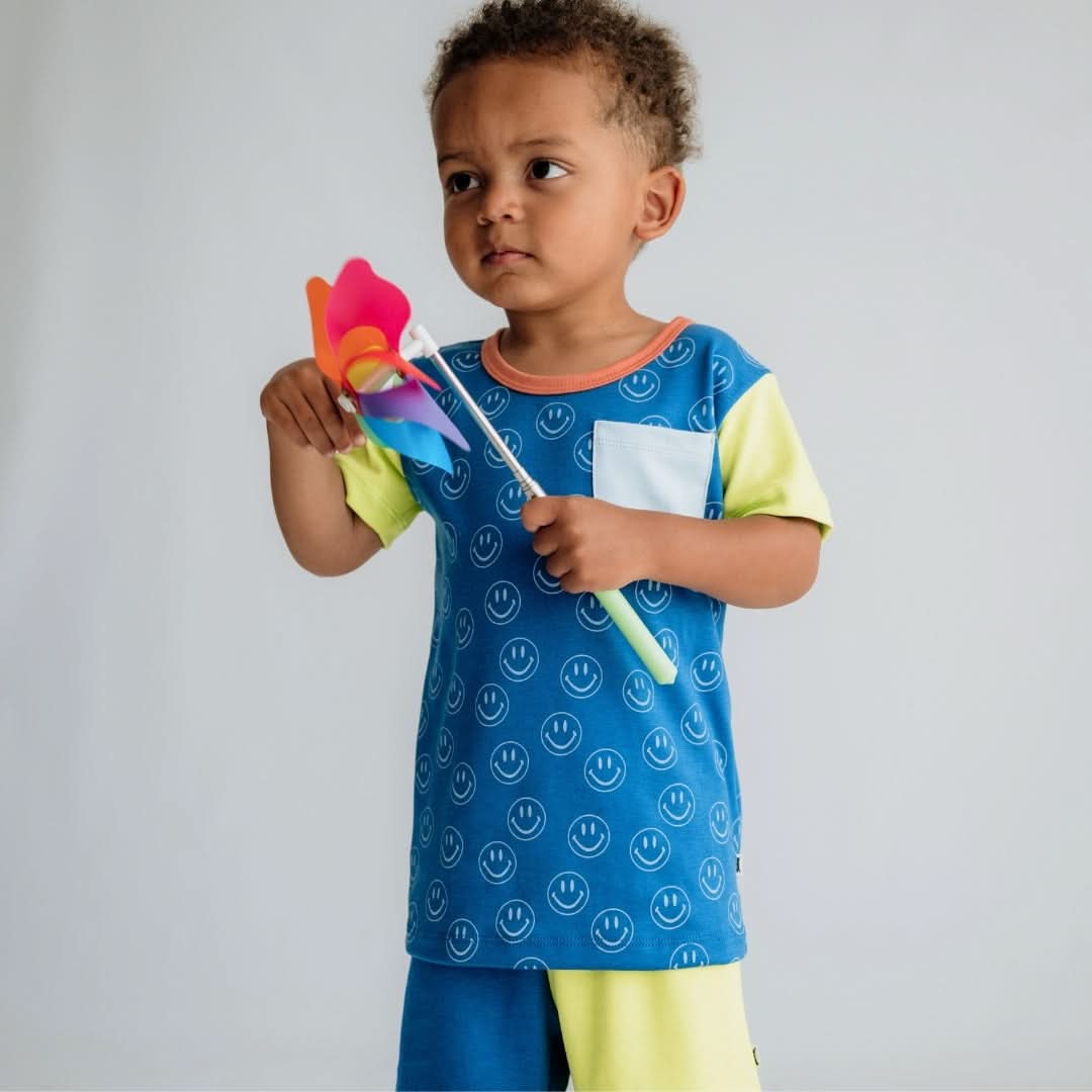 Baby/Kids' Bamboo Pocket T-Shirt | Blue Smilies