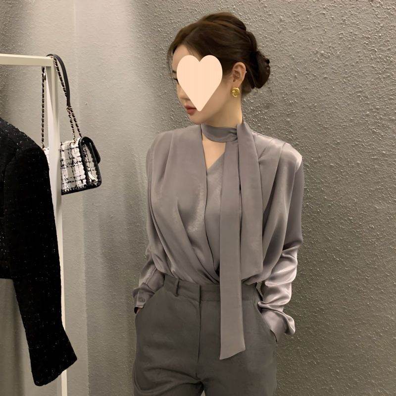 High-end Anti-wrinkle Acetate Satin pleated Blouse Shirt For Women