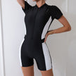 Women's Short Sleeve Boxer One-Piece Swimsuit | Conservative Black Polyester Swimwear S-XXL