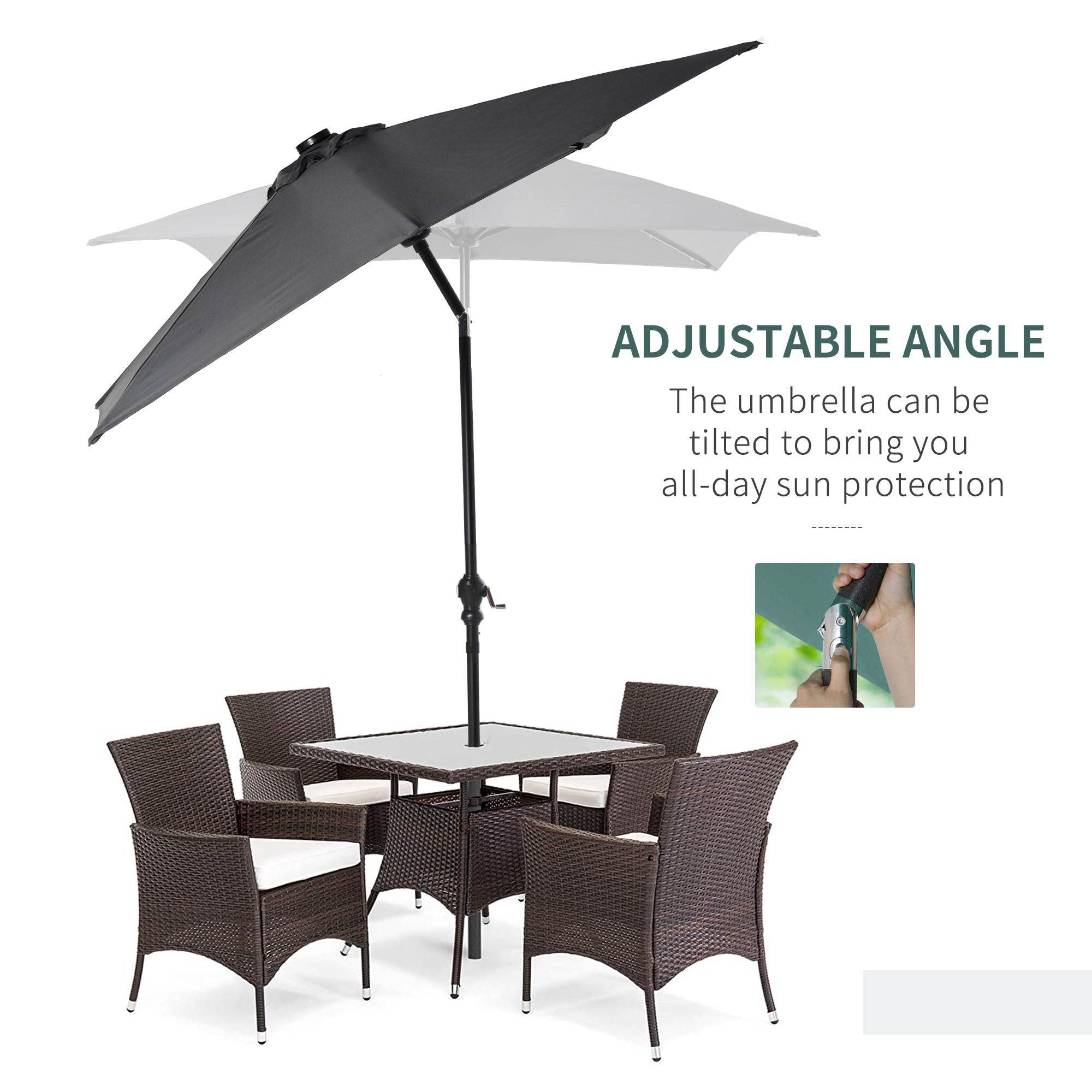 9 X 7 Ft Patio Umbrella Outdoor Table Market With Crank Solar LED Lights Tilt Button For Deck Dark Gray