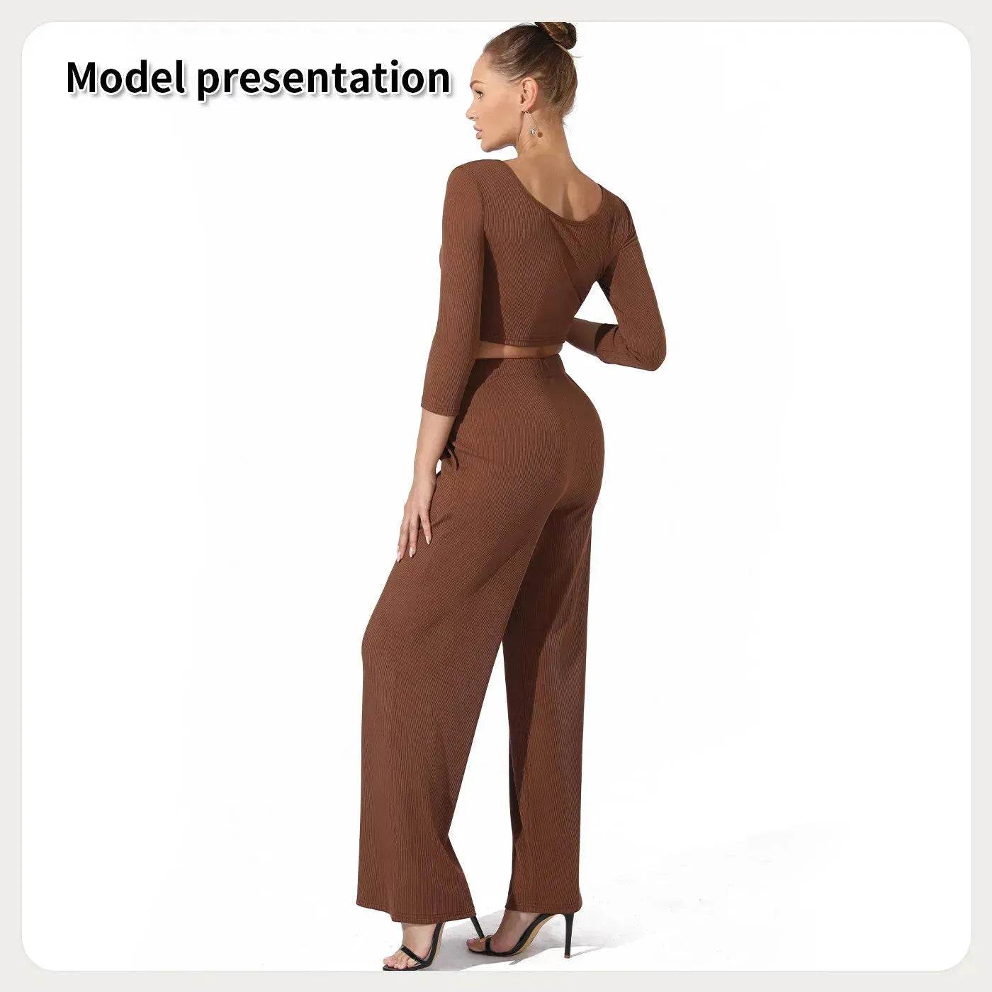 Women Fashion Casual Matching 2pcs set Long Sleeve Crop top and Pant set