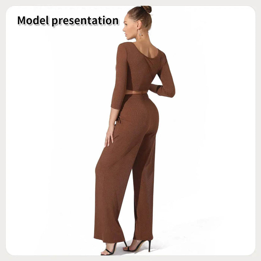 Women Fashion Casual Matching 2pcs set Long Sleeve Crop top and Pant set