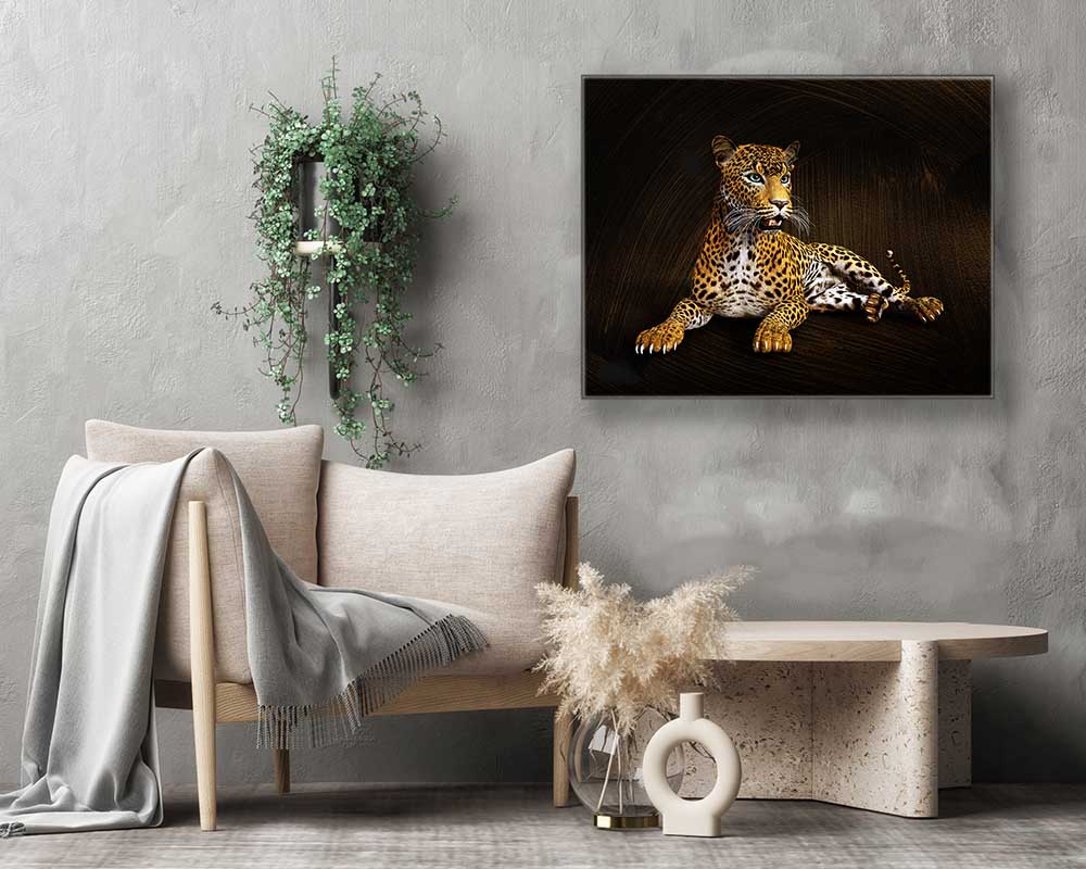 Léopard - Tableau sur toile représentant un animal sauvage - Décoration murale - Vernis doré appliqué à la main #4836-047