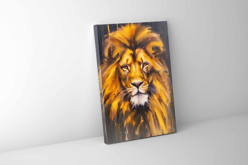 Tête de Lion sur Toile - Art Mural Animalier - Paillettes Dorées