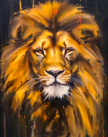 Tête de Lion sur Toile - Art Mural Animalier - Paillettes Dorées