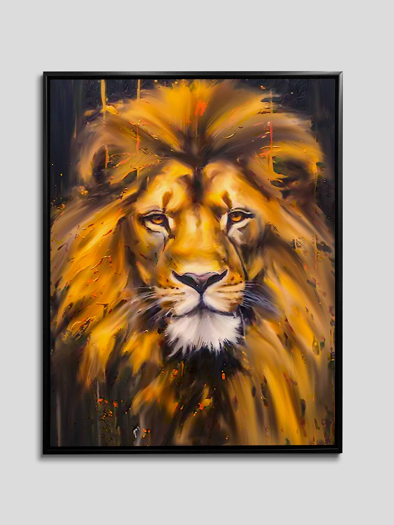 Tête de Lion sur Toile - Art Mural Animalier - Paillettes Dorées