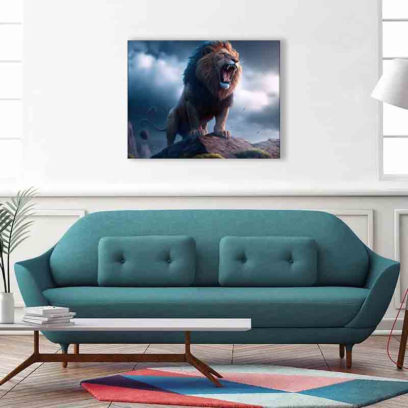 Toile artistique représentant un lion et une tempête - Vernis doré - Impression nature. #4836-148
