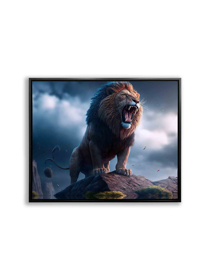 Toile artistique représentant un lion et une tempête - Vernis doré - Impression nature. #4836-148