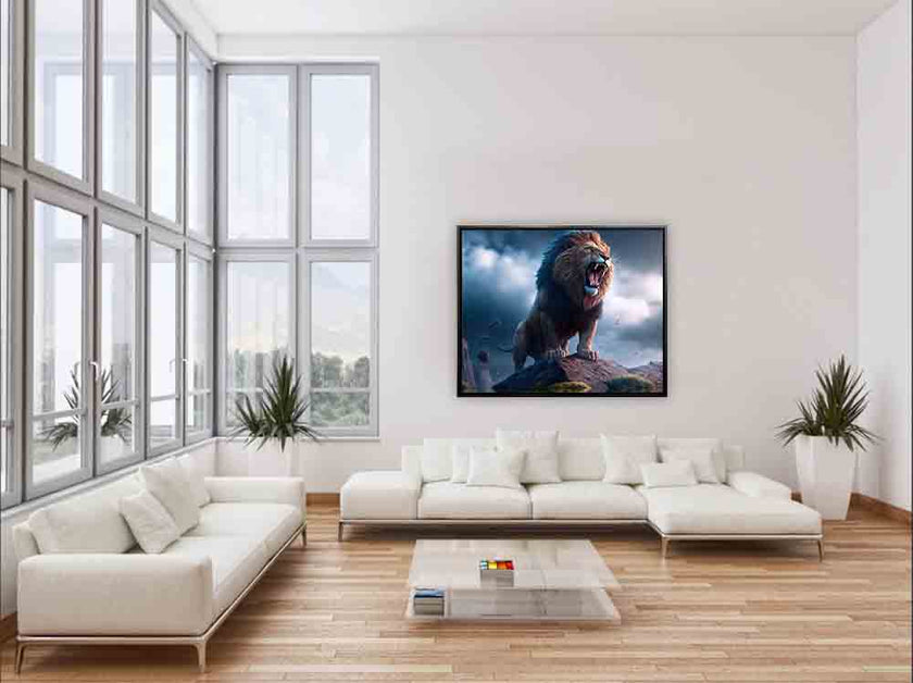 Toile artistique représentant un lion et une tempête - Vernis doré - Impression nature. #4836-148