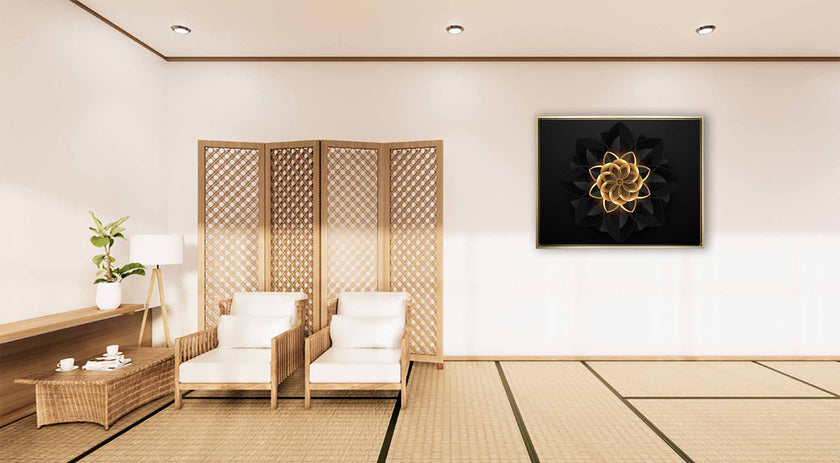 Art mural abstrait floral en noir et or - Art mural raffiné et moderne - Vernis doré