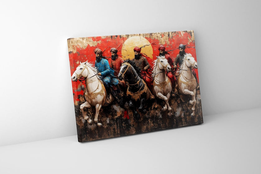 Reproduction sur toile d'une œuvre d'art représentant des guerriers sikhs, 122 cm x 91 cm.