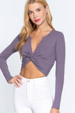 Long Sleeve Front Twisted Heavy Rib Crop Knit Top