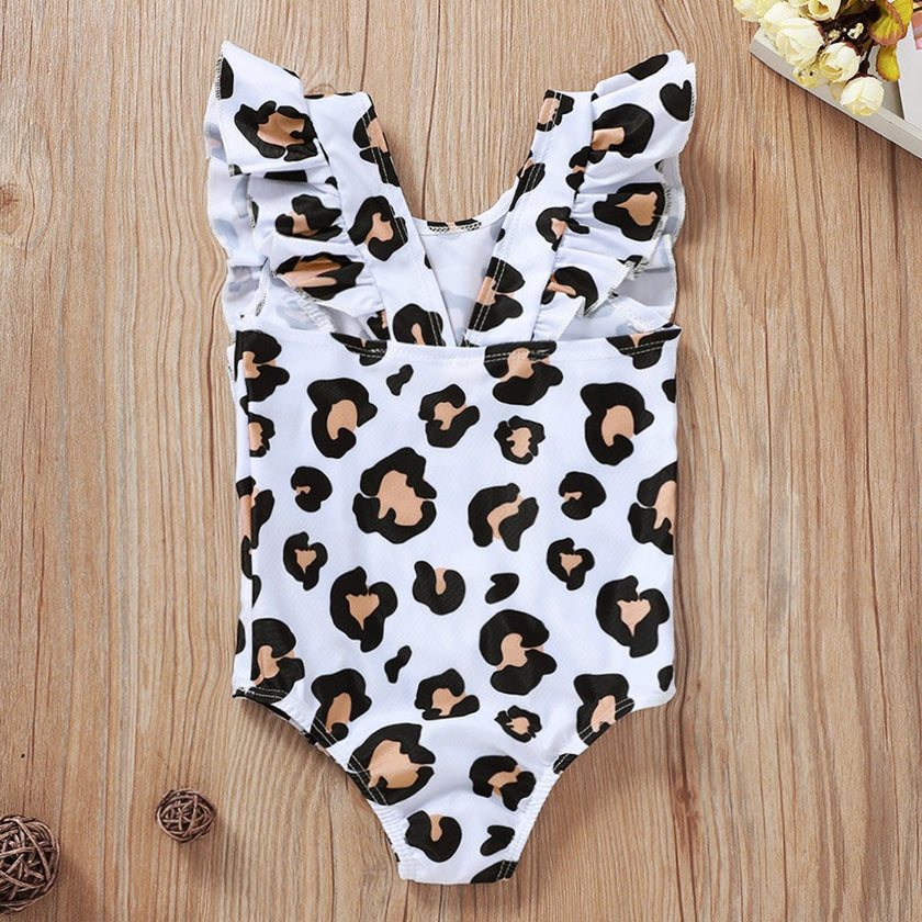 Girls Leopard Print One-Piece Swimsuit – Sleeveless Nylon Swimwear for Kids (80–120cm)