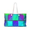 Teal Purple Geometric Pattern Weekender Bag | Colorful Cube Design, Large Tote Bag