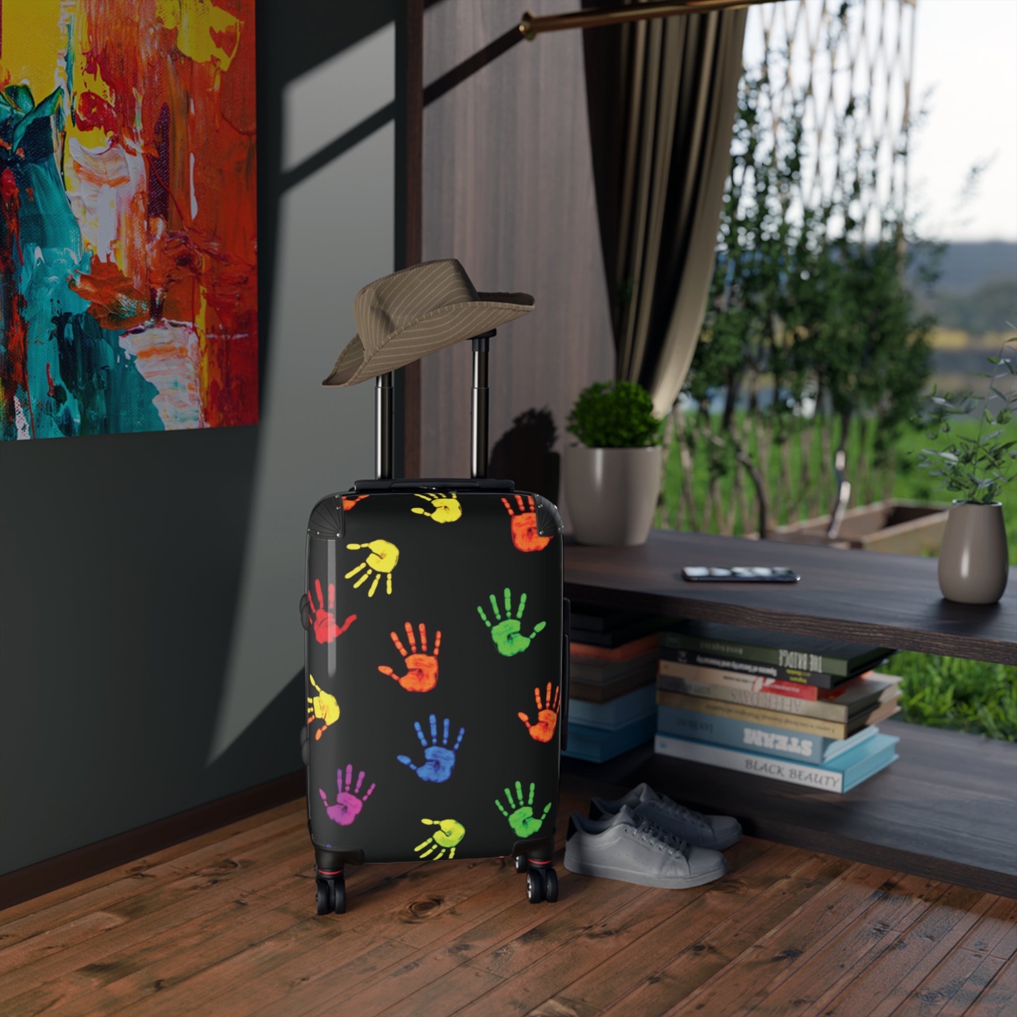 Colorful Handprint Carry-On Suitcase — Kids Travel Luggage with Rainbow Handprints