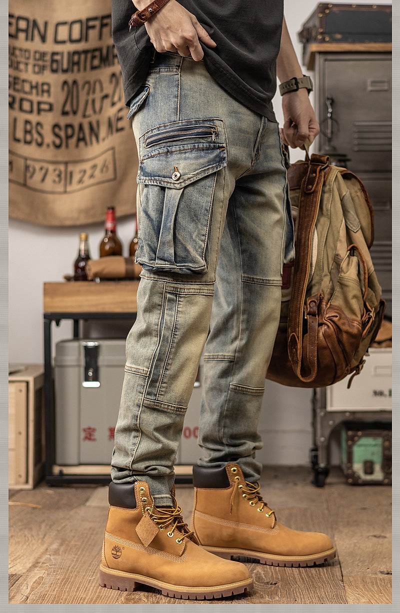 Sprin Autumn Retro Slim Fit Straight Leg Casual Distressed Denim Jeans Cargo Pant Men