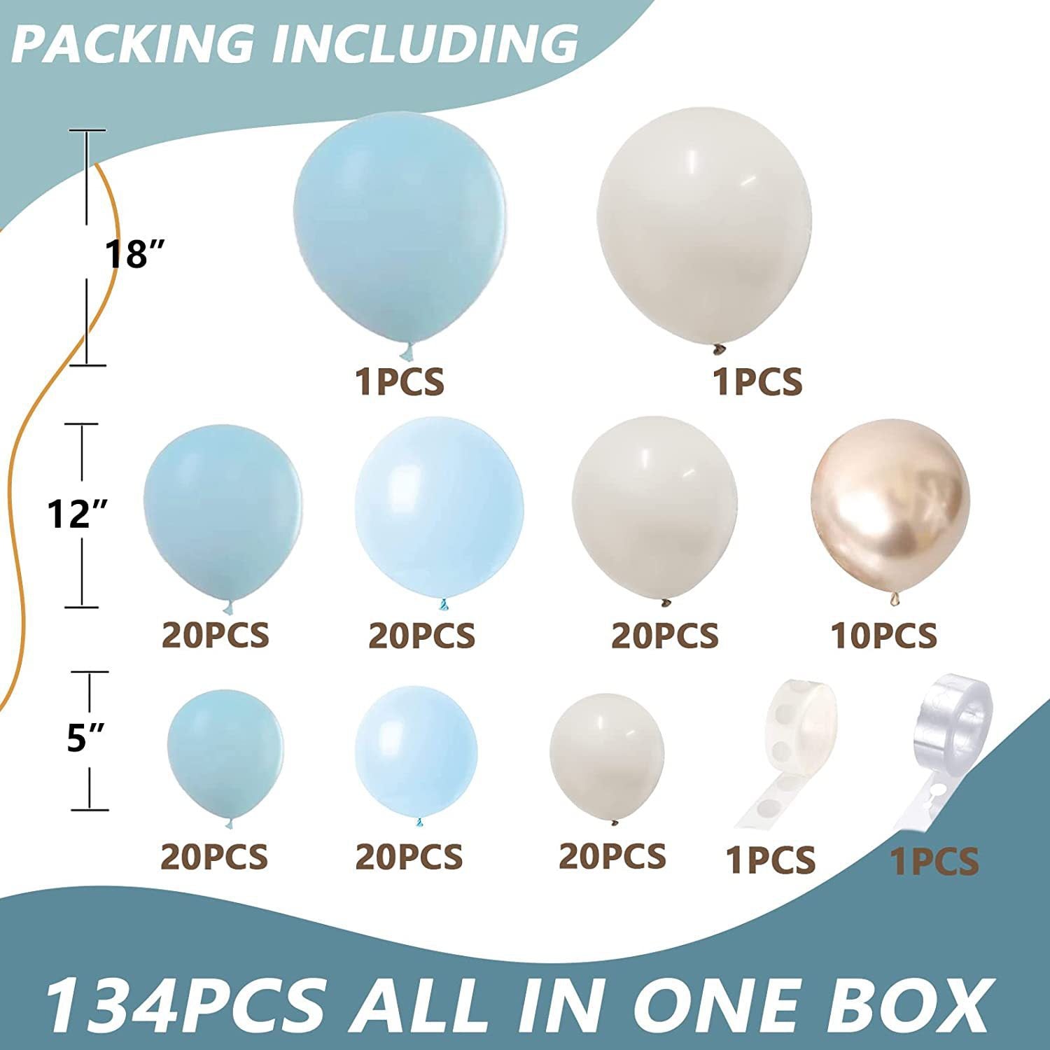 134-Piece Dusty Blue, Cream & Gold Balloon Garland Arch Kit – Baby Shower, Birthday & Boho Party Decoration