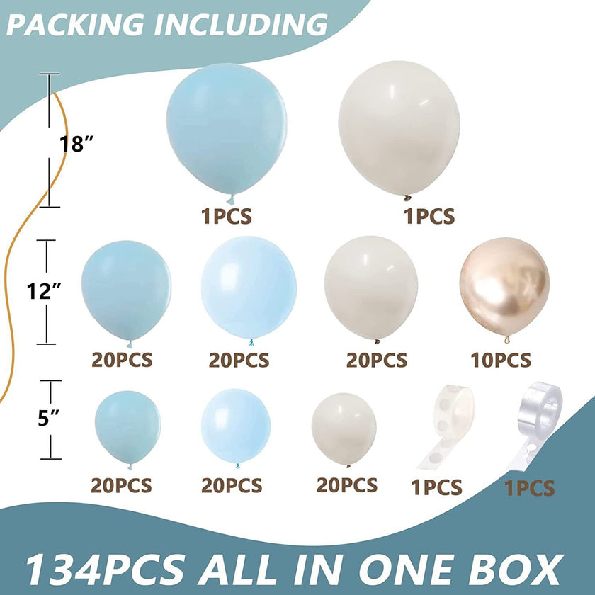134-Piece Dusty Blue, Cream & Gold Balloon Garland Arch Kit – Baby Shower, Birthday & Boho Party Decoration