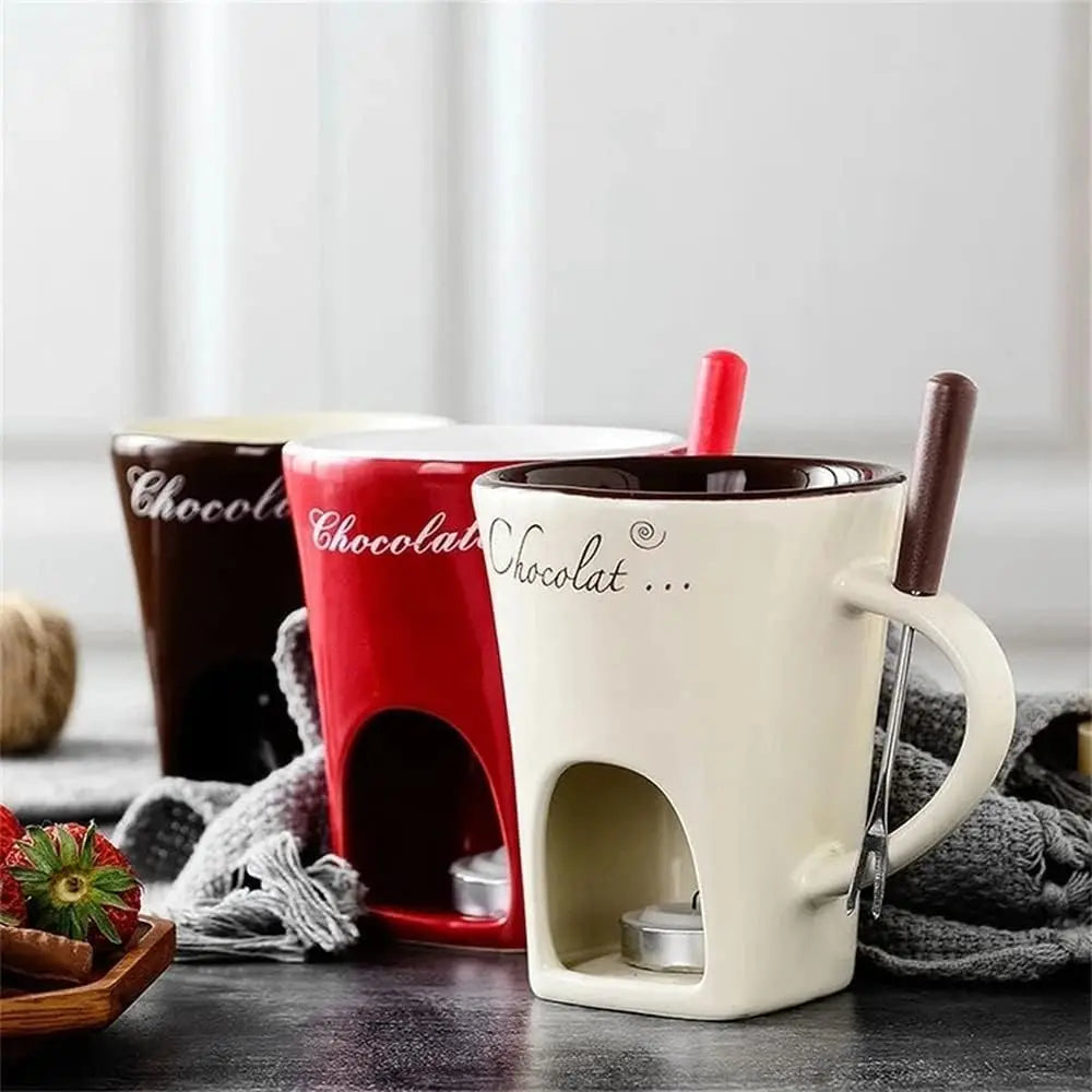 Mini Fondue Mug Set – Personal Ceramic Chocolate & Cheese Melting Pot with Fork (Beige, Coffee & Red)