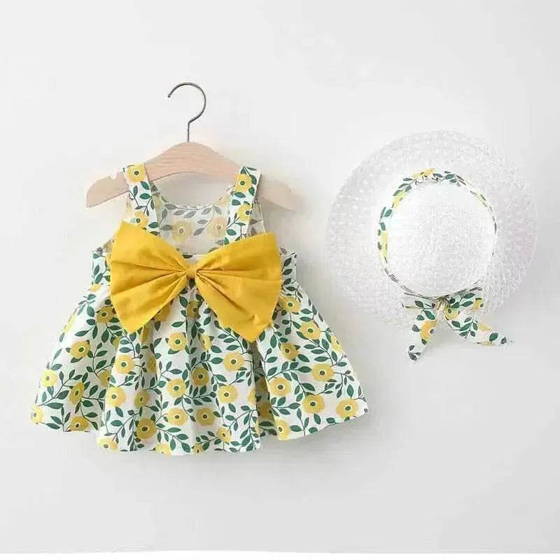 Baby Girl Floral Princess Dress with Matching Hat – Cotton Suspender Sundress for Toddlers