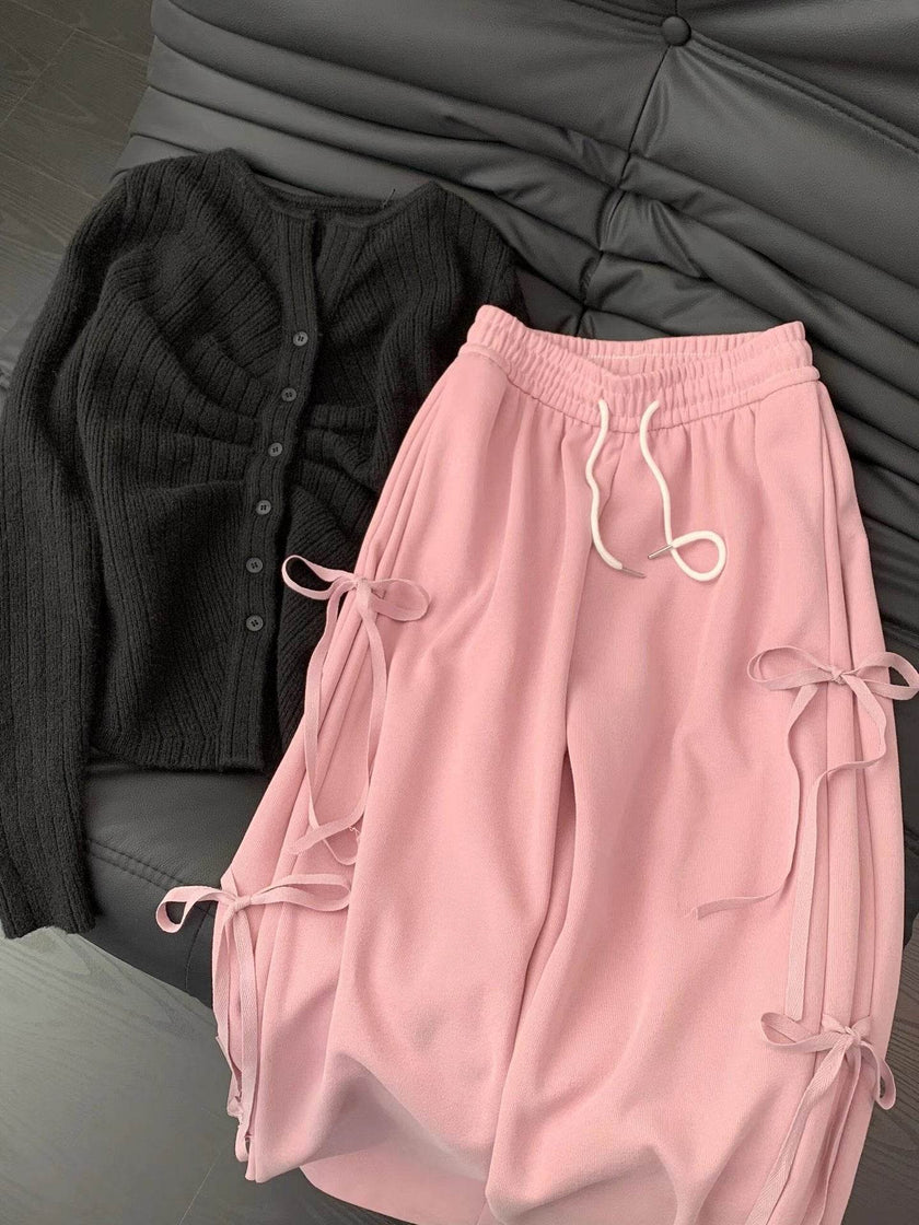 Fashion Vintage Bow lace up Drawstring Wide leg sweat pant for women