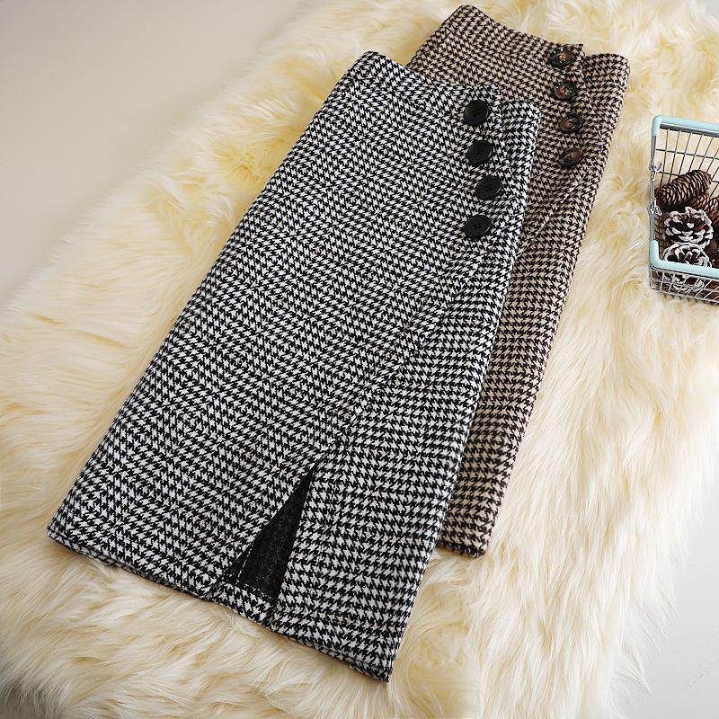 Elegant Women's  professional formal business office work Slit Houndstooth pencil Midi Skirt
