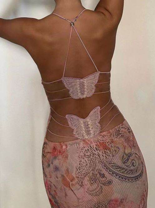 Halter neck Spaghetti Backless Butterfly Design Spring Summer long dress