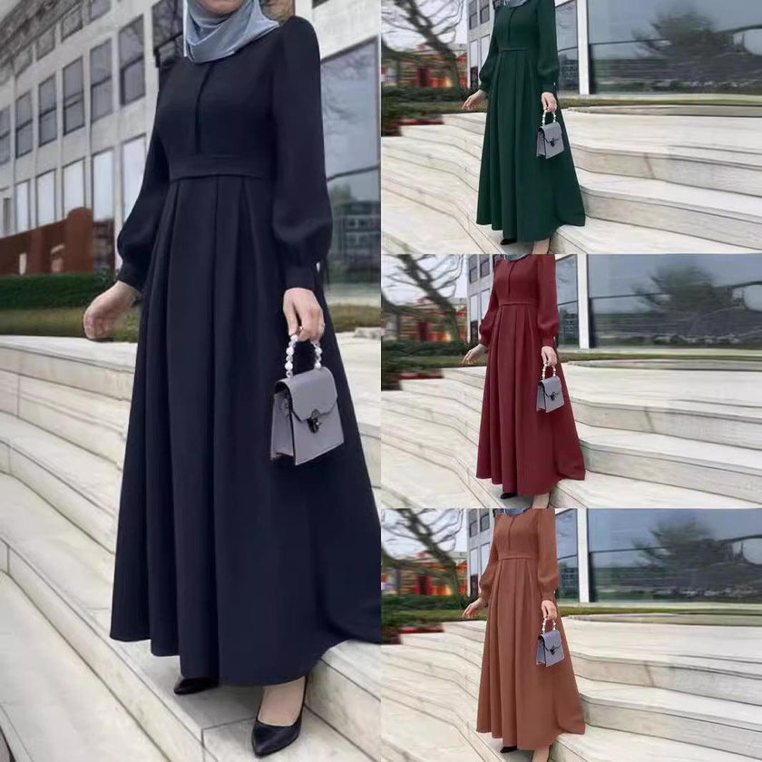 Casual Loose Solid Color Belt Zipper Muslim Long Dress