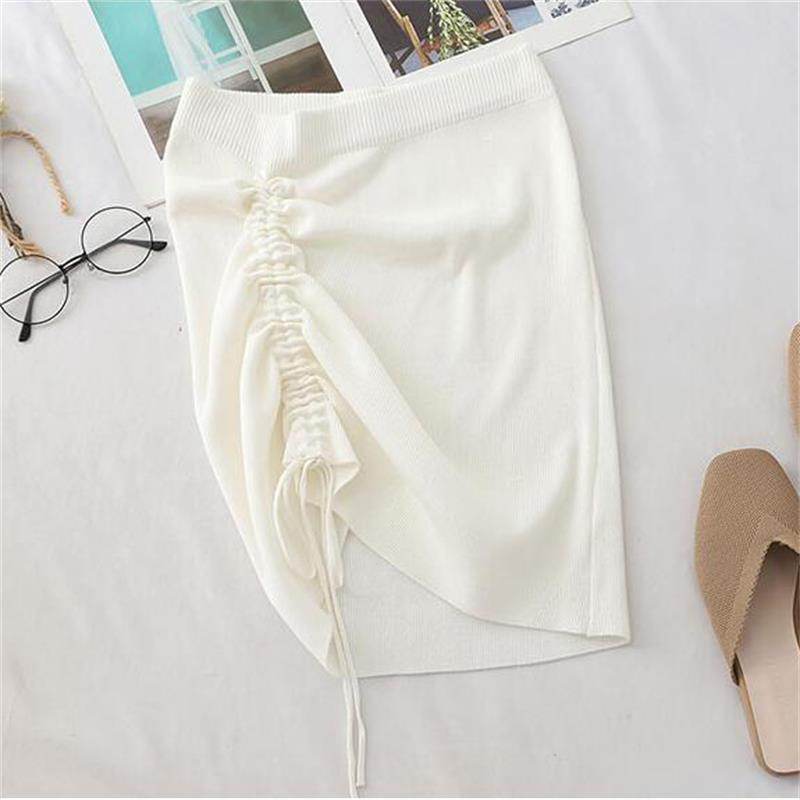 Hot Girl Hip Skirt Design High Waist With Straps Stretch Knitted Women's Mini Drawstring Split Skirt