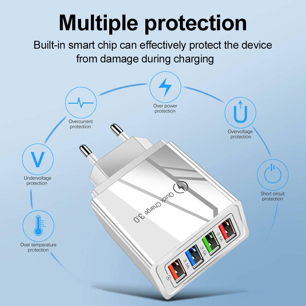 4-Port USB Wall Charger with Quick Charge 3.0 – EU, UK & US Plug | Multi-Colour