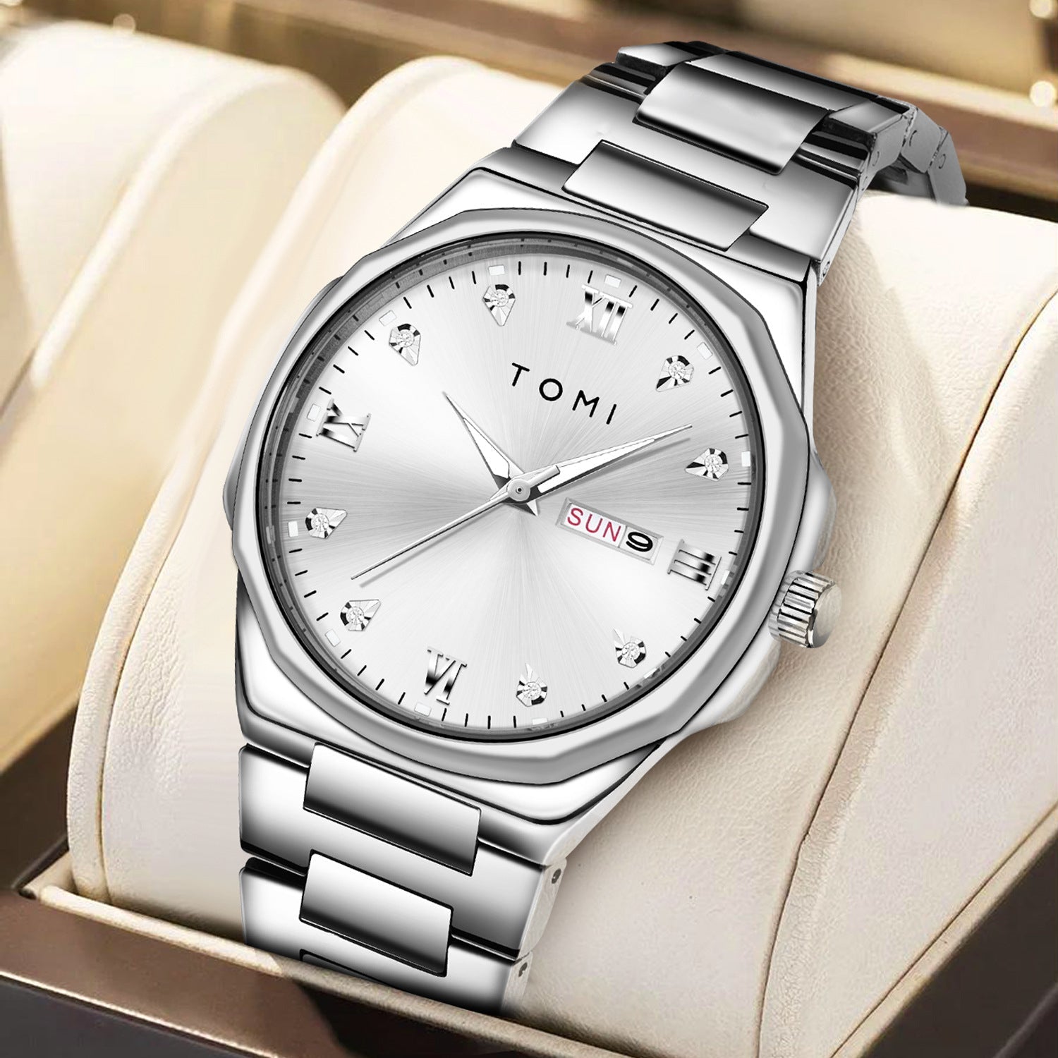 TOMI Diamond Encrusted Quartz Watch for Men – Stainless Steel Dress Watch