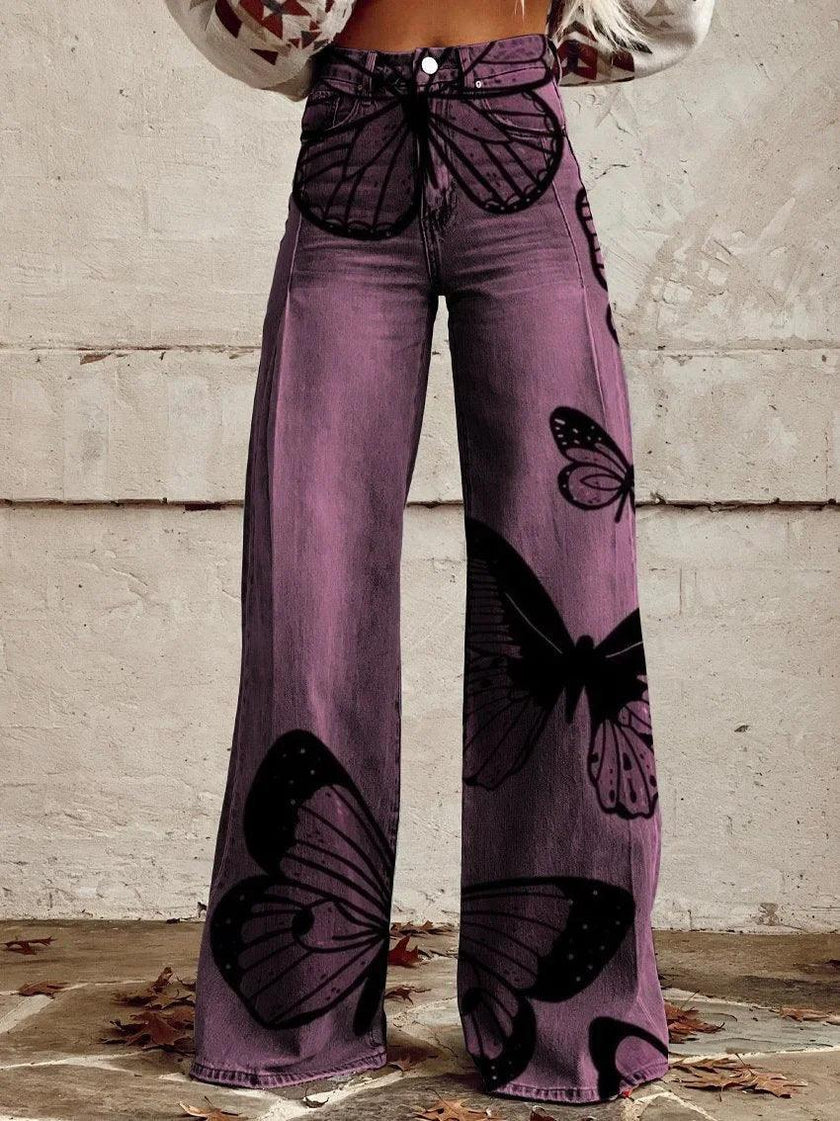 Women's Graphic Print Wide Leg Distressed Denim Pants – Plus Size Straight Leg Casual Jeans