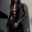 Women's Multi-Hollow Cutout Round Neck Long Sleeve Bodysuit – Black (S/M/L)