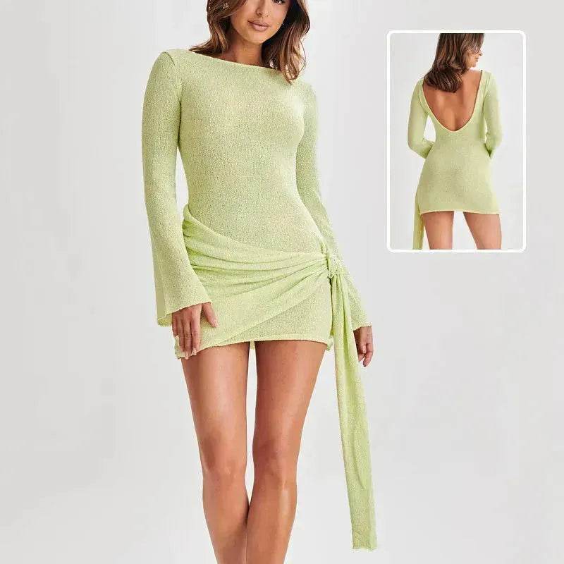 Fashion Suspender Slim Long-sleeved Dress Y2K Charming Hip-hugging V-shaped Backless Bodycon Short Mini Dresses Womens Clothing