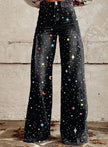 Women's Graphic Print Wide Leg Distressed Denim Pants – Plus Size Straight Leg Casual Jeans