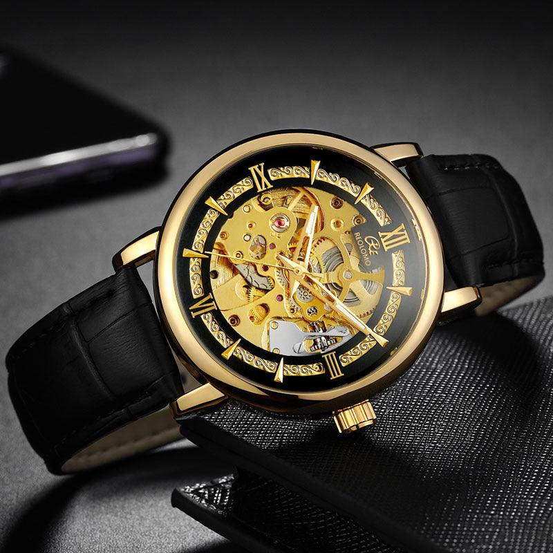 Men's Hollow-Out Mechanical Watch, Skeleton Dial Dress Watch in Gold, Silver and Black