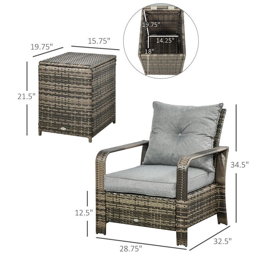 3 Piece Patio Furniture, PE Wicker Storage Table & Chairs, Gray