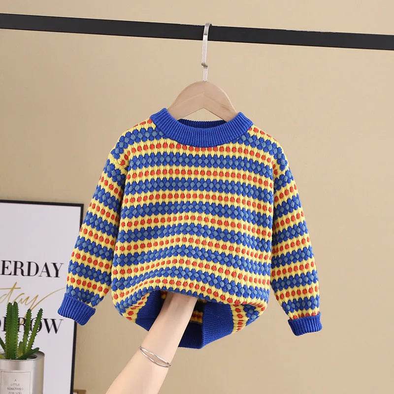 Kids Rainbow Stripe Pullover Sweater, Round Neck Knit Top