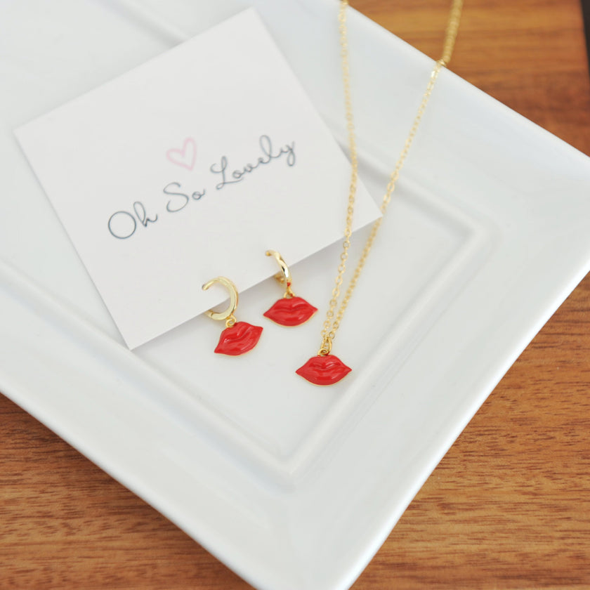 Red Lips Huggie Hoop Earrings 