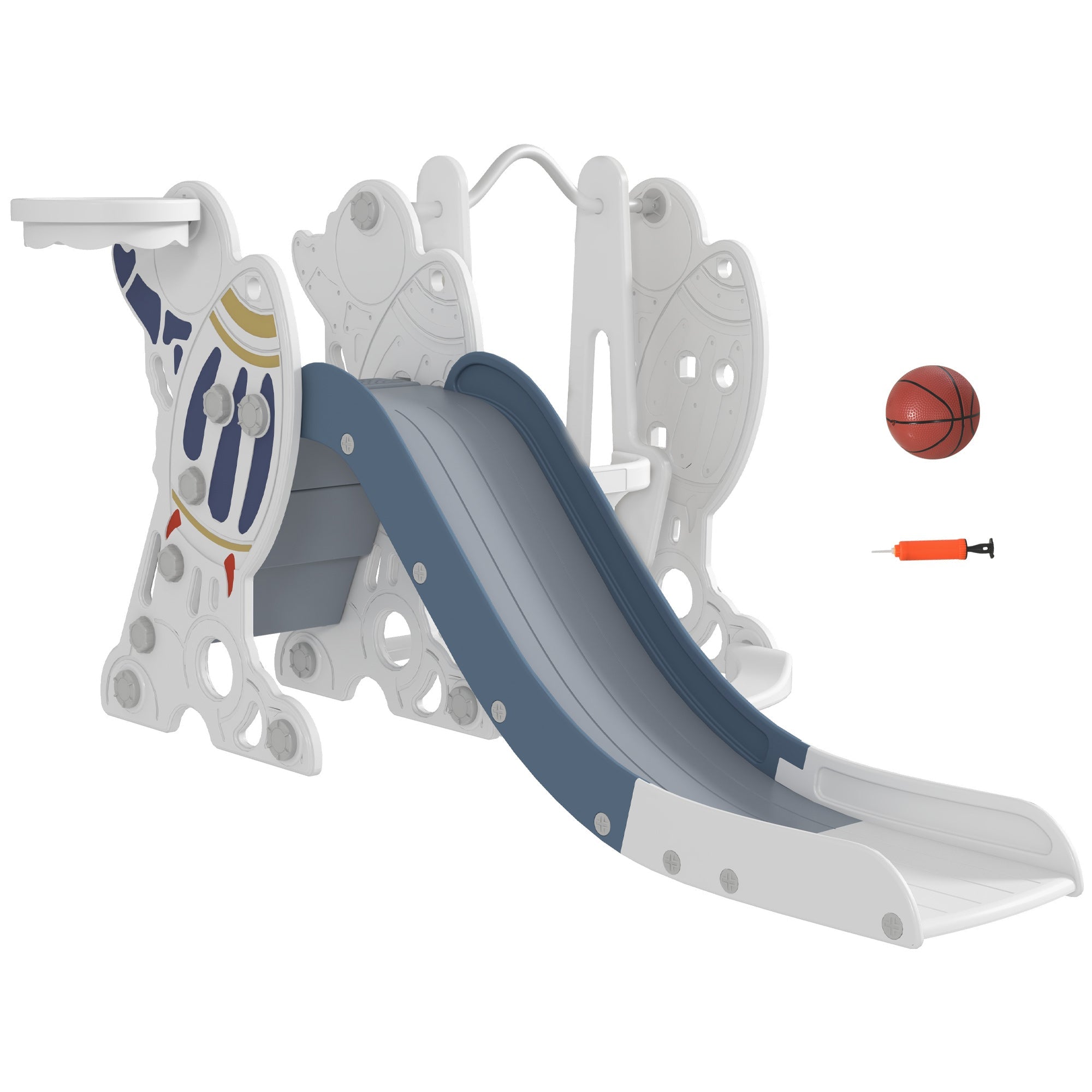 Qaba Galactic Playtime: 3 in 1 Toddler Swing Slide Set with Basketball Hoop, Indoor Playground Space Theme, White Blue Finish