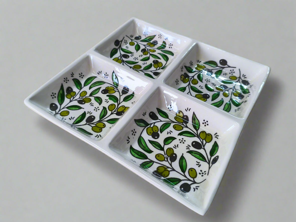 Handcrafted Ceramic Serving 4-Section Tray | For Nuts, Dips, and Appetizers | 9